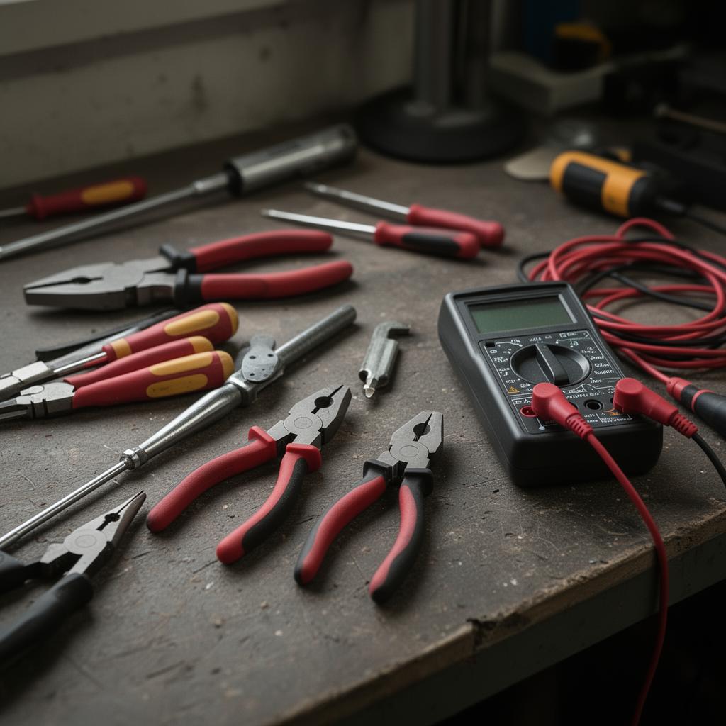 Werkzeug und Material eines Elektrikers - Werkbankaufnahme